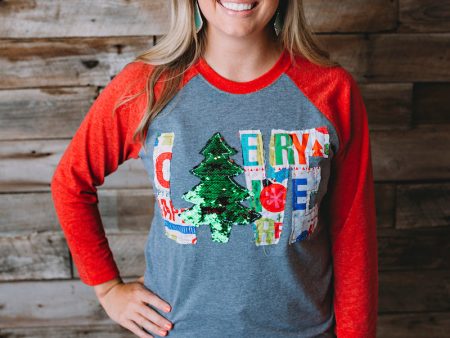 Christmas LOVE Shirt - Gray Red Raglan with Cactus Christmas fabric and Green Sequin Tree For Cheap