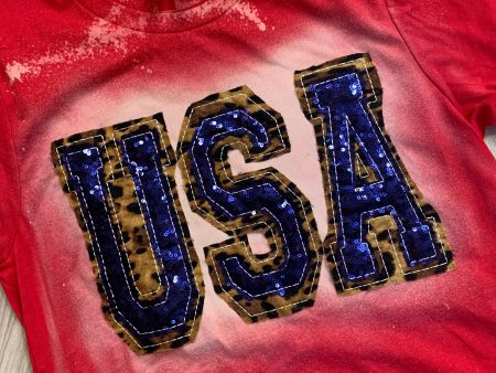 Double Stacked USA Shirt - Red with Leopard and Blue Sequins Online